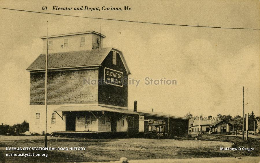 Postcard Elevator and Depot, Corinna, Maine Railroad History