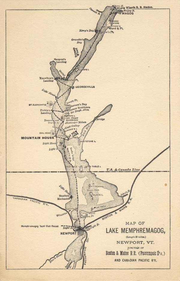 Map of Lake Memphremagog, Newport, Vermont, Junction of Boston & Maine Railroad Passumpsic Division and Canadian Pacific Railway