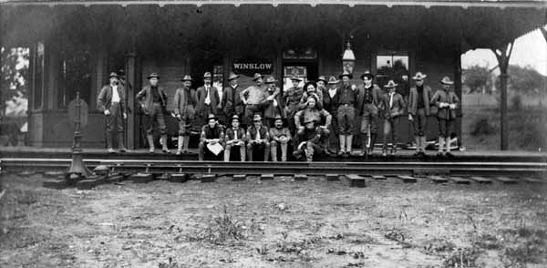 Group on platform of Winslow station.  Winslow, Maine