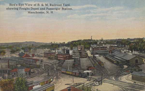Bird's Eye View of Boston & Maine Railroad Yard showing Freight Depot and Passenger Station, Manchester, New Hampshire