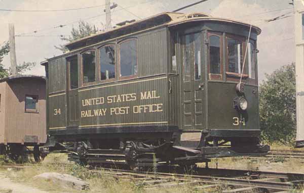 New Bedford Mail Car, rebuilt from 1873 horse car, is the oldest exhibit at The Trolley Museum, Kennebunkport, Maine.