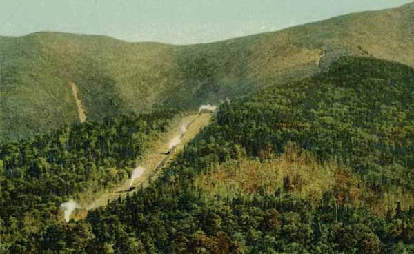 Trains ascending Mt. Washington, White Mountains, New Hampshire