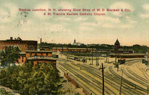 Nashua Junction, New Hampshire showing Shoe Shop of W. D. Brackett & Co., and St. Francis Xaviers Catholic Church