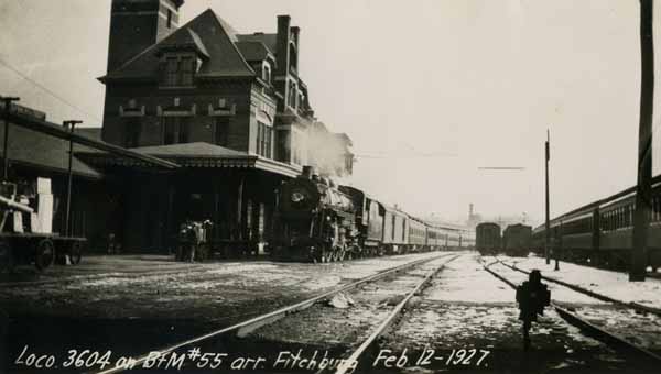 Locomotive #3604 on Boston & Maine Train #55, arriving at Fitchburg, February 12, 1927