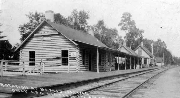 Railroad Station at Bemis, Maine.  Only Log Station in America