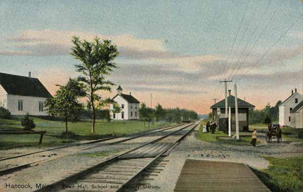 Hancock, Maine.  Town Hall, School and Railway Station