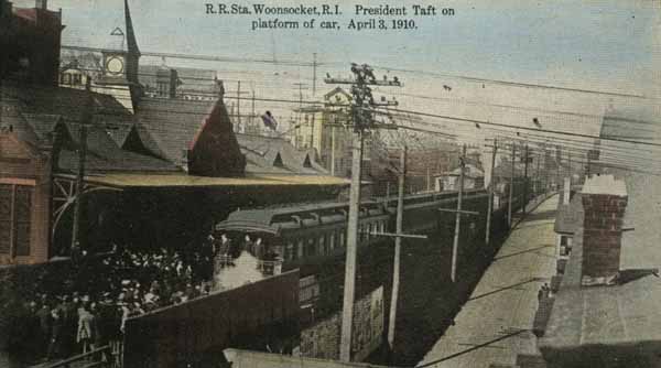 Railroad Station, Woonsocket, Rhode Island.  President Taft on platform of car, April 3, 1910